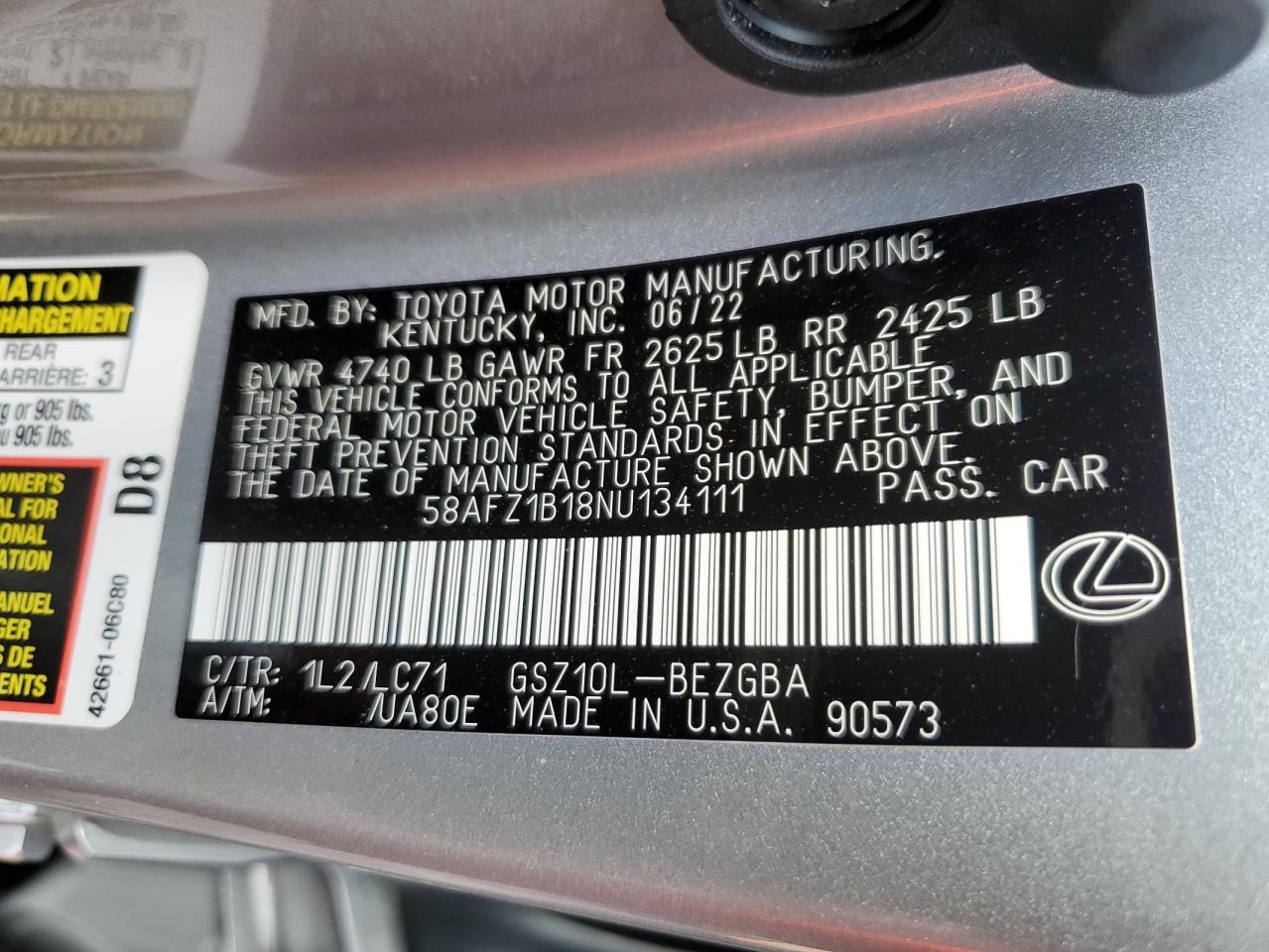 2022 LEXUS ES 350 BASE VIN:58AFZ1B18NU134111