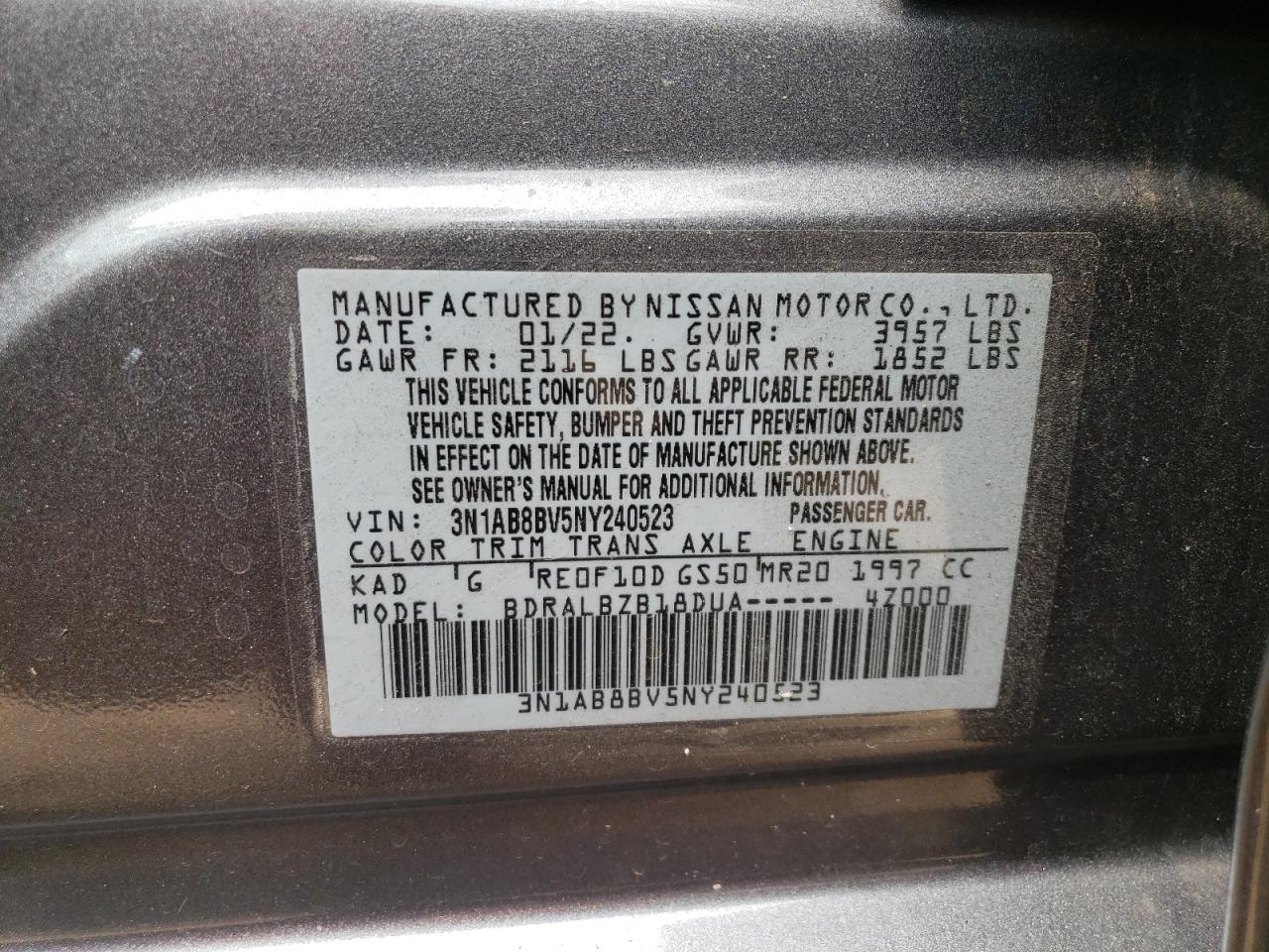 2022 NISSAN SENTRA S VIN:3N1AB8BV5NY240523