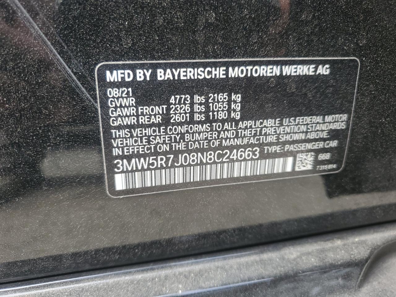 2022 BMW 330XI VIN:3MW5R7J08N8C24663