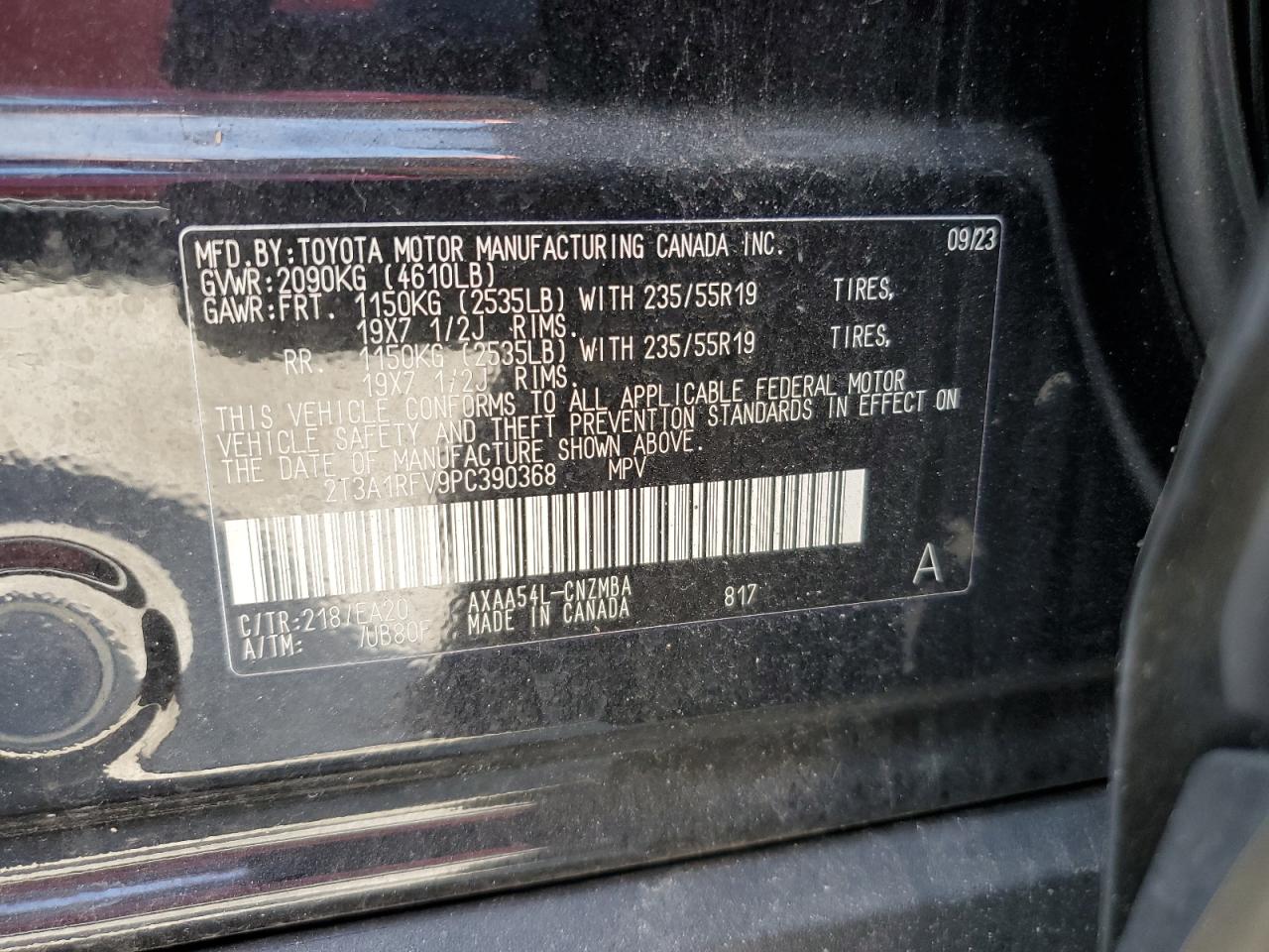 2023 TOYOTA RAV4 XLE PREMIUM VIN:2T3A1RFV9PC390368