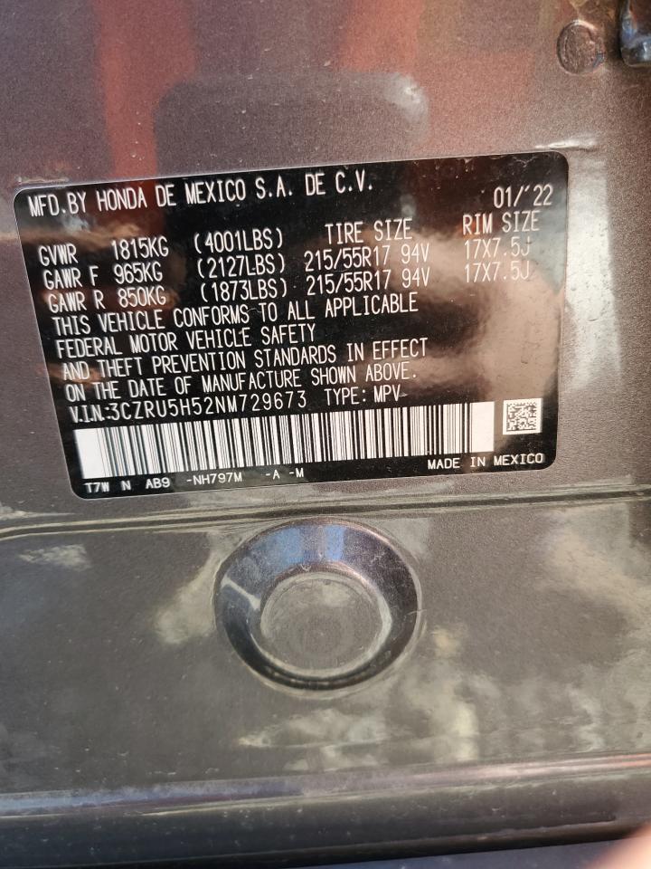 2022 HONDA HR-V EX VIN:3CZRU5H52NM729673