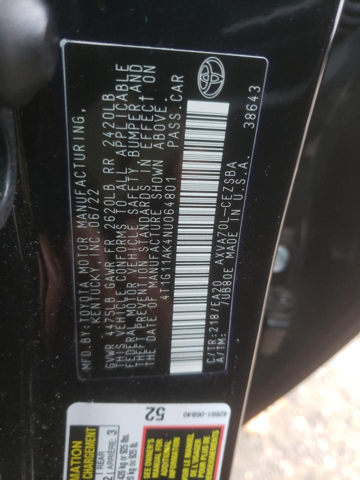 2022 TOYOTA CAMRY SE VIN:4T1G11AK4NU064801