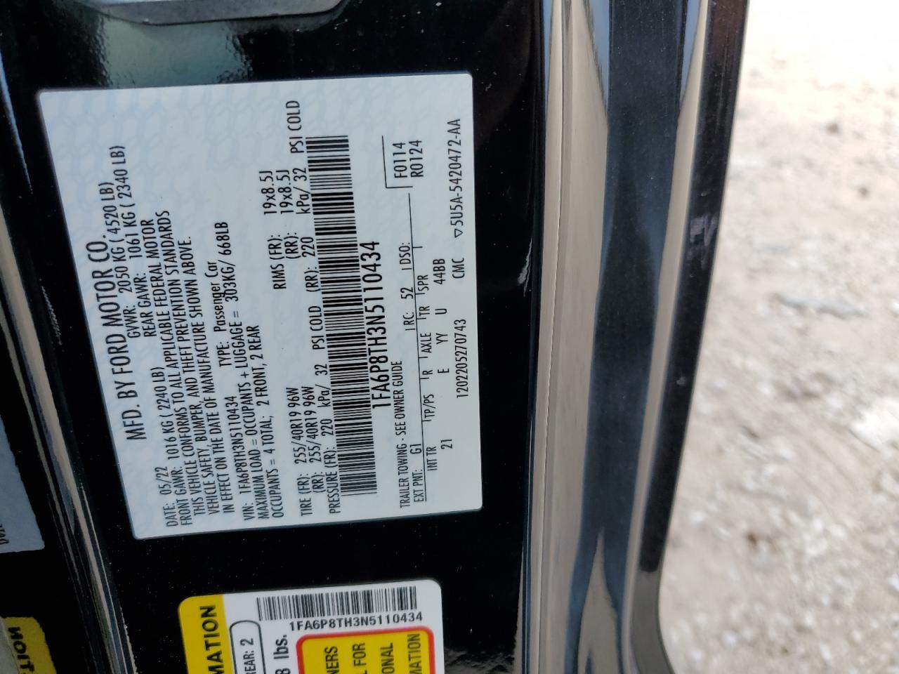 2022 FORD MUSTANG VIN:1FA6P8TH3N5110434