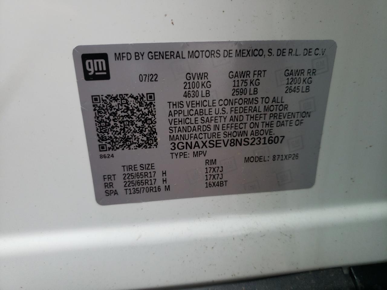 2022 CHEVROLET EQUINOX LS VIN:3GNAXSEV8NS231607