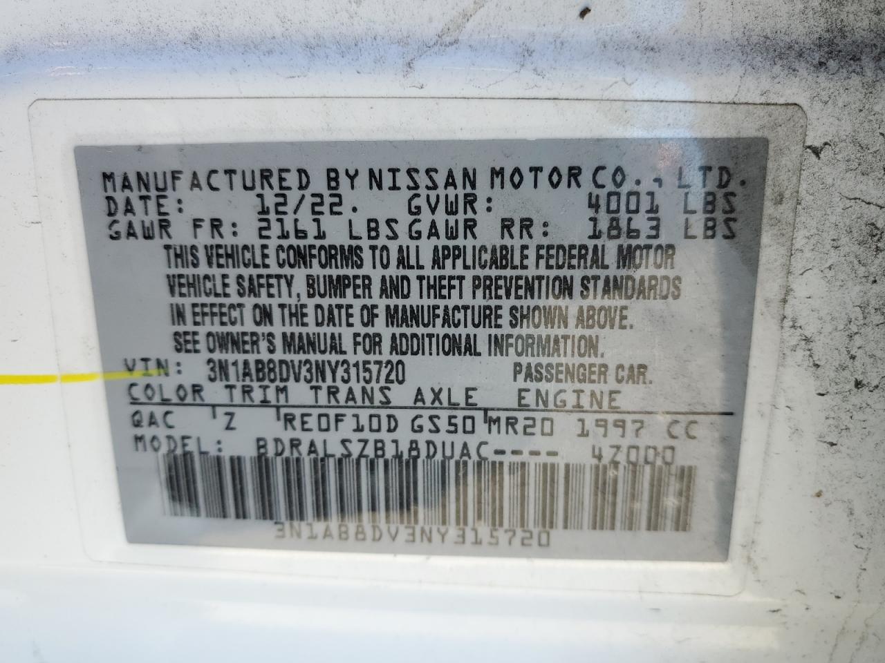 2022 NISSAN SENTRA SR VIN:3N1AB8DV3NY315720