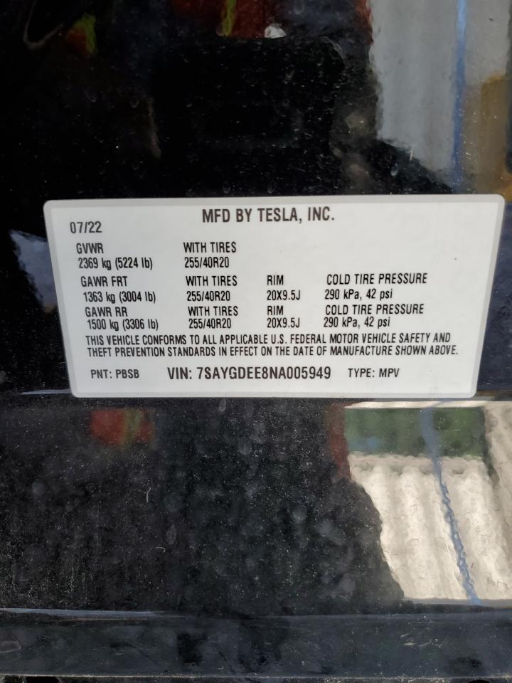 2022 TESLA MODEL Y VIN:7SAYGDEE8NA005949