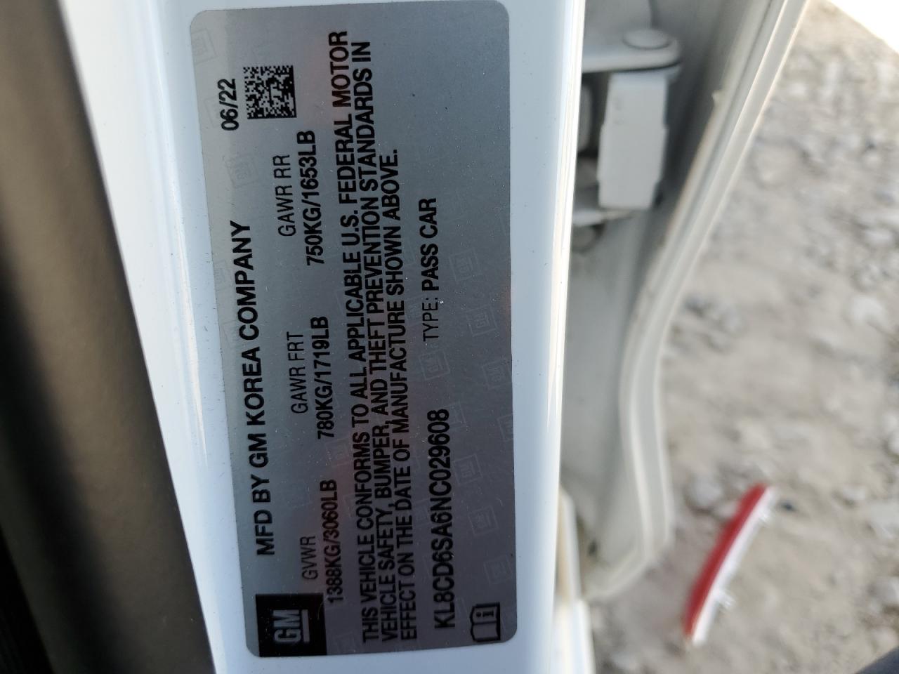 2022 CHEVROLET SPARK 1LT VIN:KL8CD6SA6NC029608