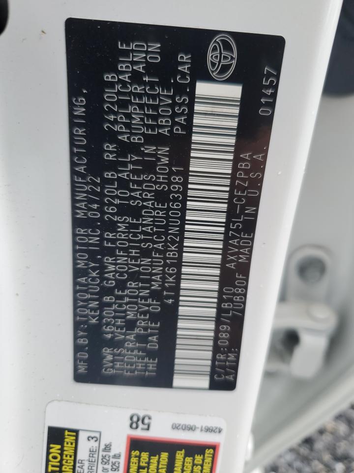 2022 TOYOTA CAMRY XSE VIN:4T1K61BK2NU063981