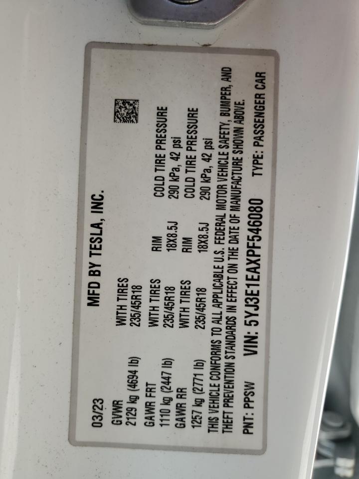 2023 TESLA MODEL 3 VIN:5YJ3E1EAXPF546080