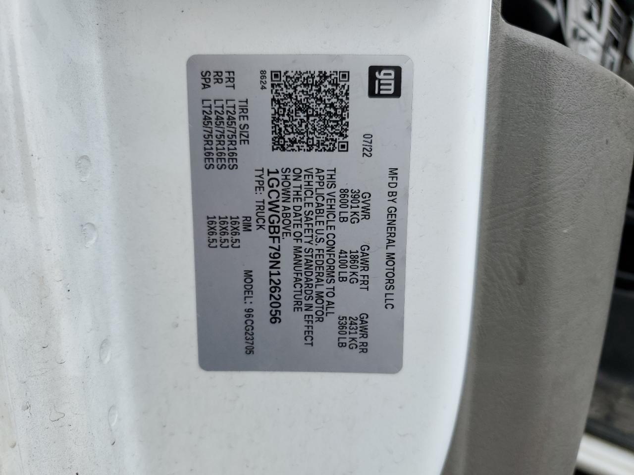 2022 CHEVROLET EXPRESS G2500 VIN:1GCWGBF79N1262056