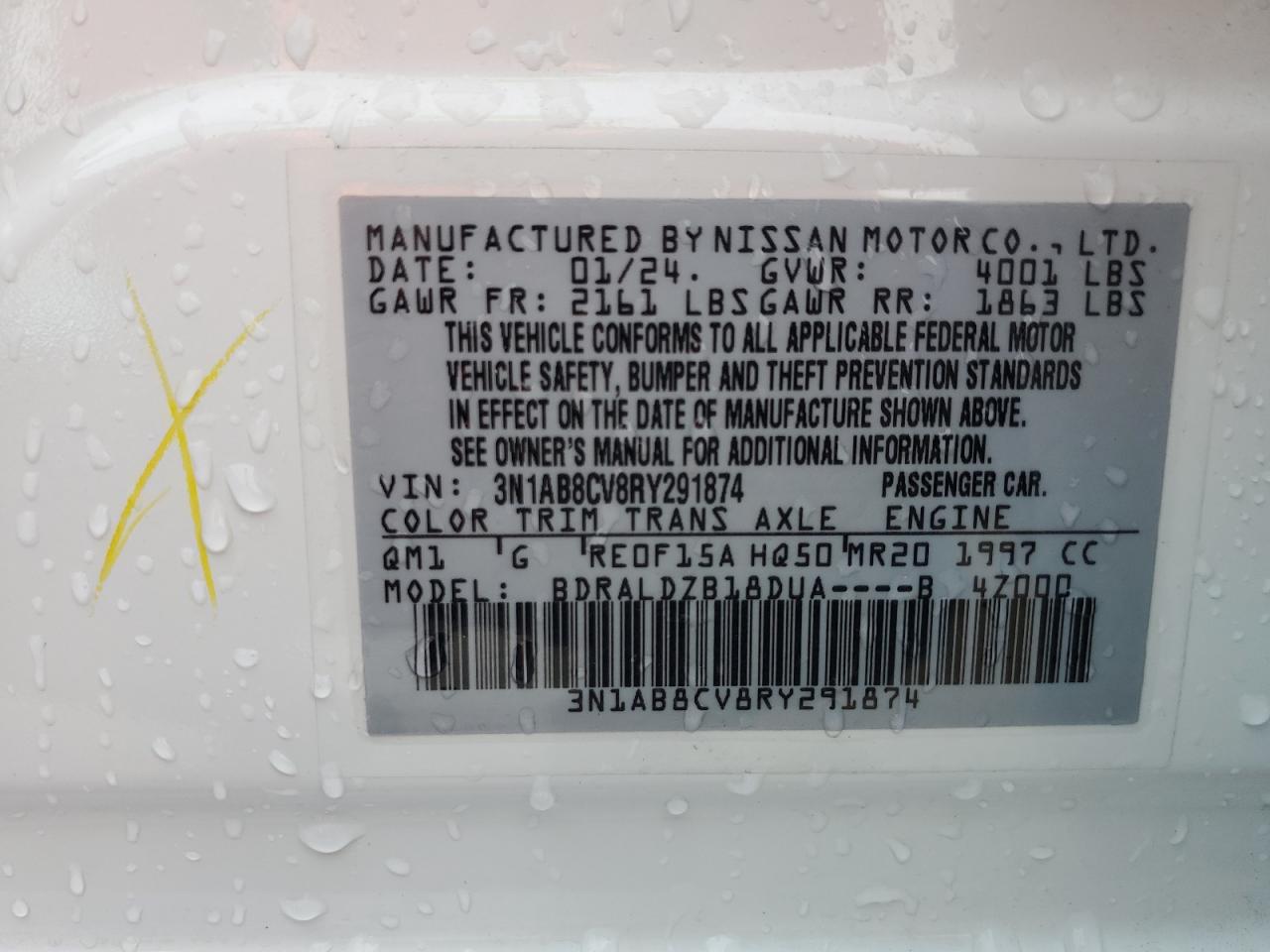 2024 NISSAN SENTRA SV VIN:3N1AB8CV8RY291874