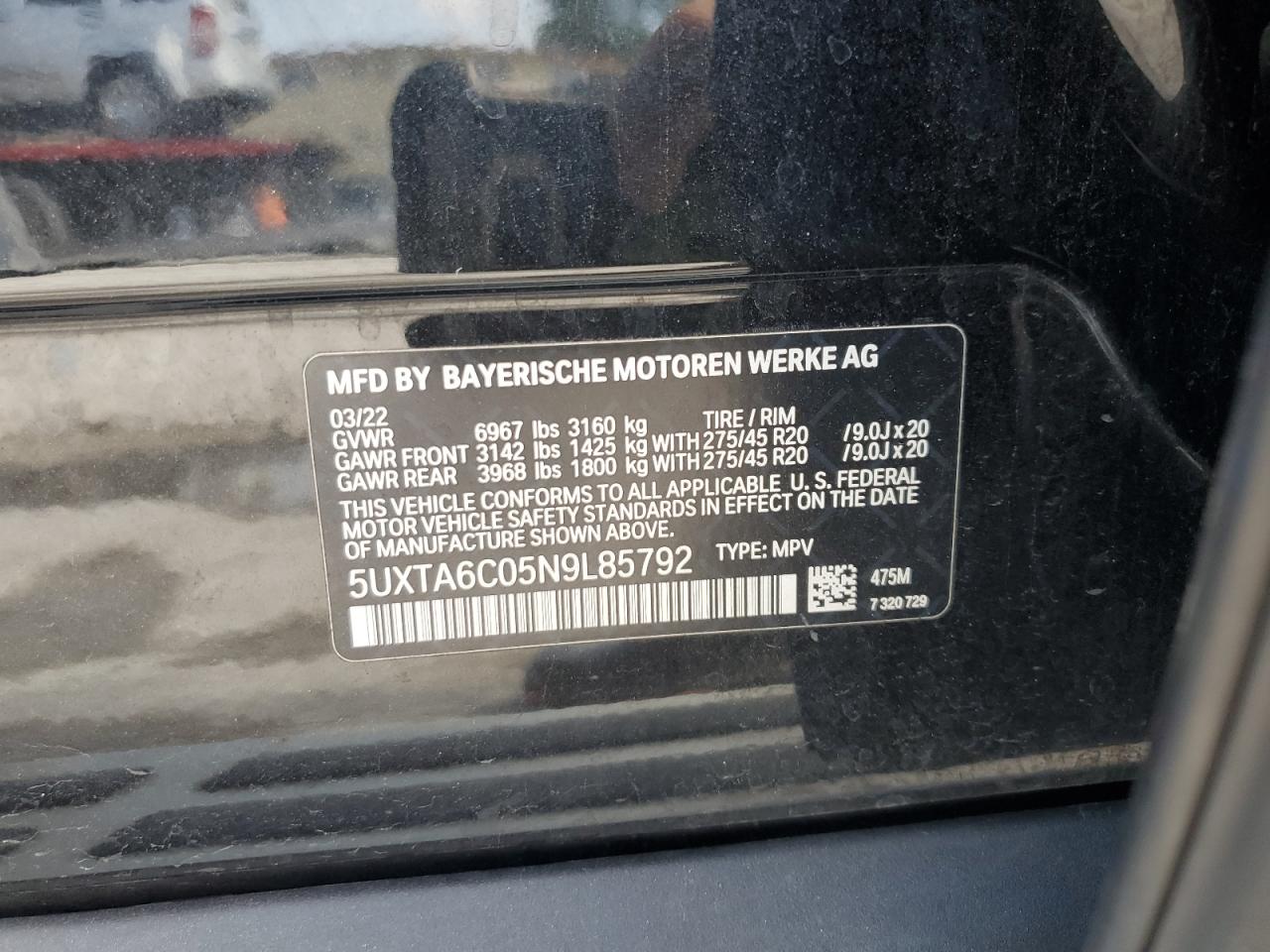 2022 BMW X5 XDRIVE45E VIN:5UXTA6C05N9L85792