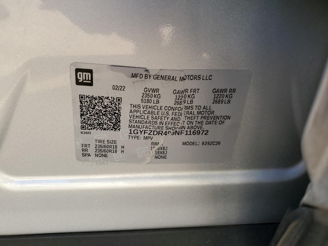 2022 CADILLAC XT4 PREMIUM LUXURY VIN:1GYFZDR49NF116972