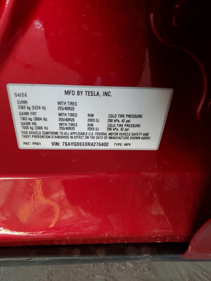 2024 TESLA MODEL Y VIN:7SAYGDEE0RA276400