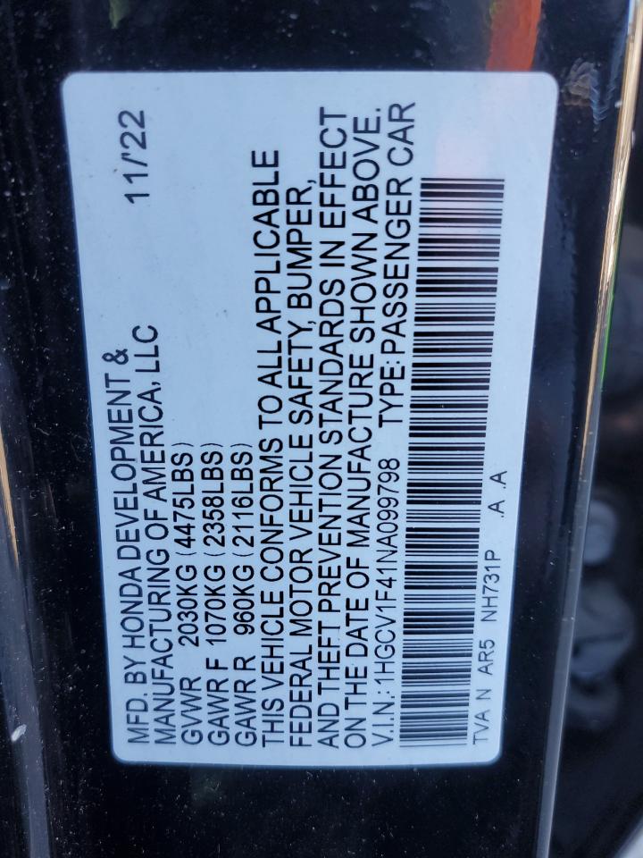 2022 HONDA ACCORD SPORT SE VIN:1HGCV1F41NA099798