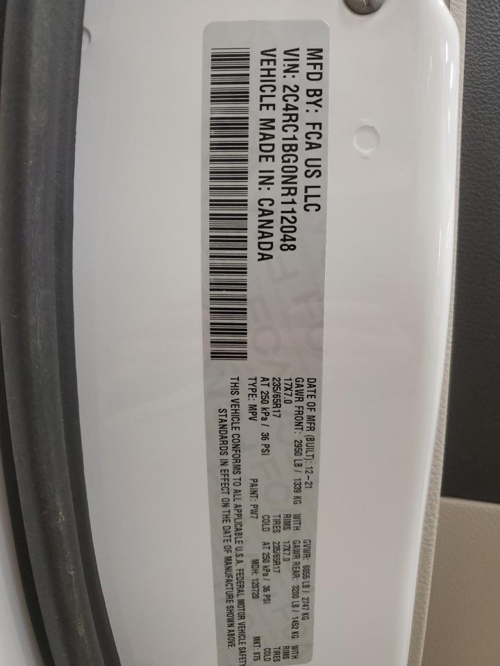 2022 CHRYSLER PACIFICA TOURING L VIN:2C4RC1BG0NR112048