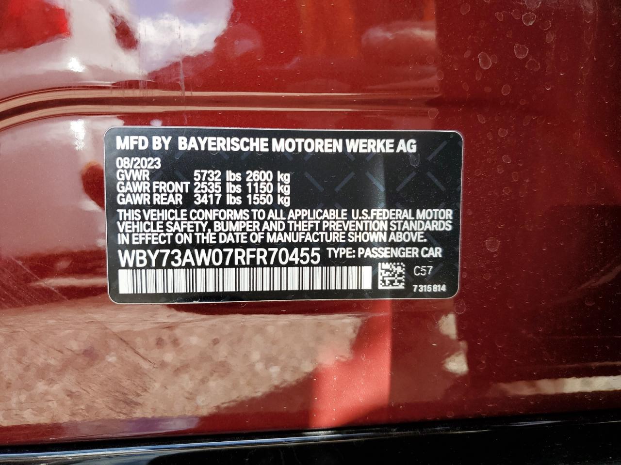 2024 BMW I4 EDRIVE40 VIN:WBY73AW07RFR70455