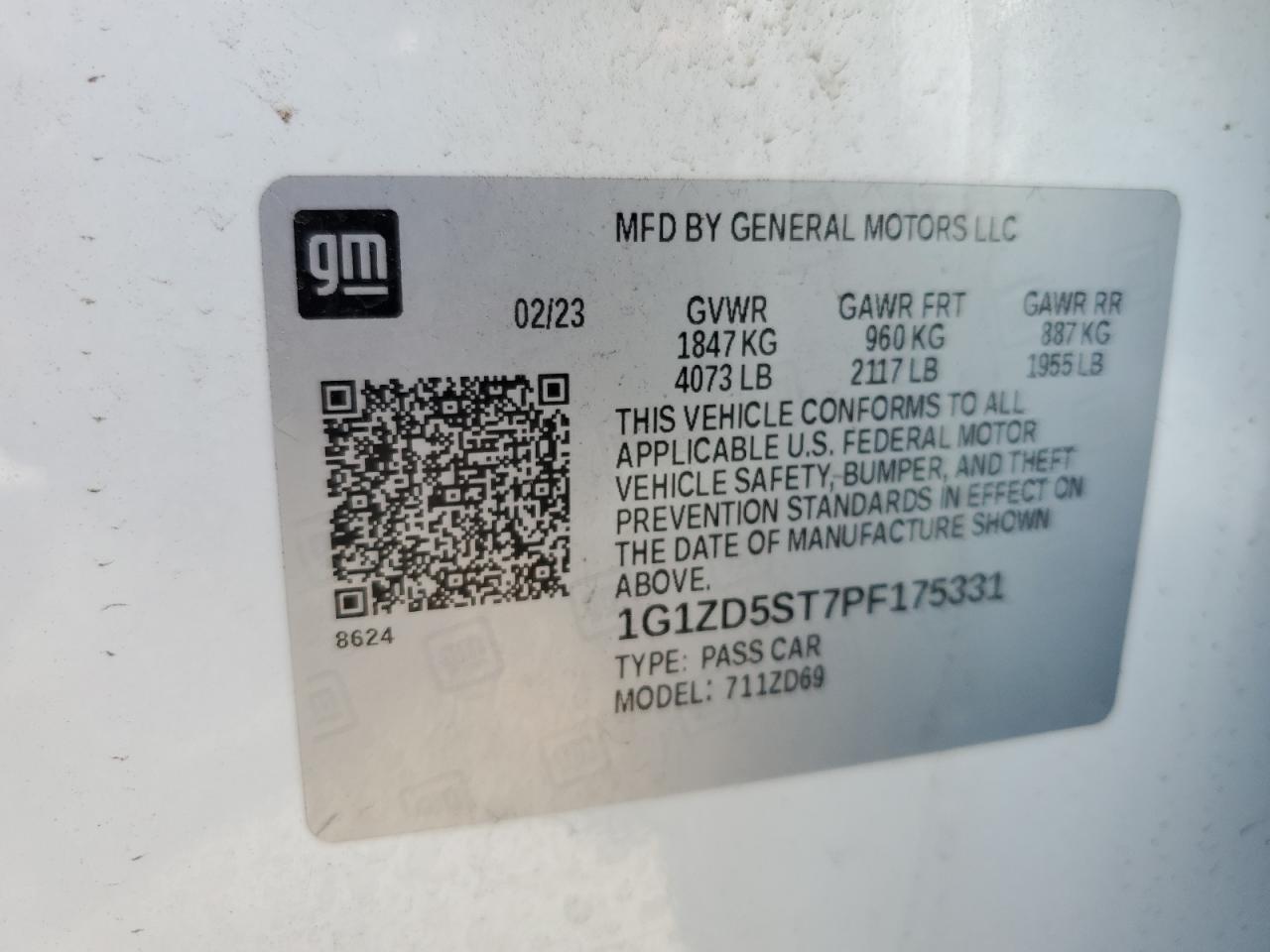 2023 CHEVROLET MALIBU LT VIN:1G1ZD5ST7PF175331