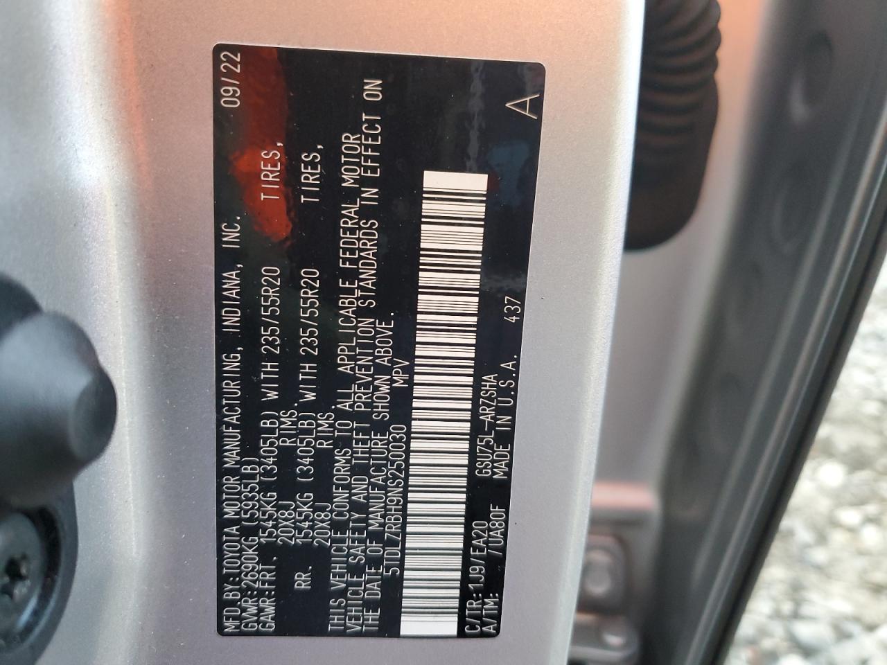 2022 TOYOTA HIGHLANDER XSE VIN:5TDLZRBH9NS250030