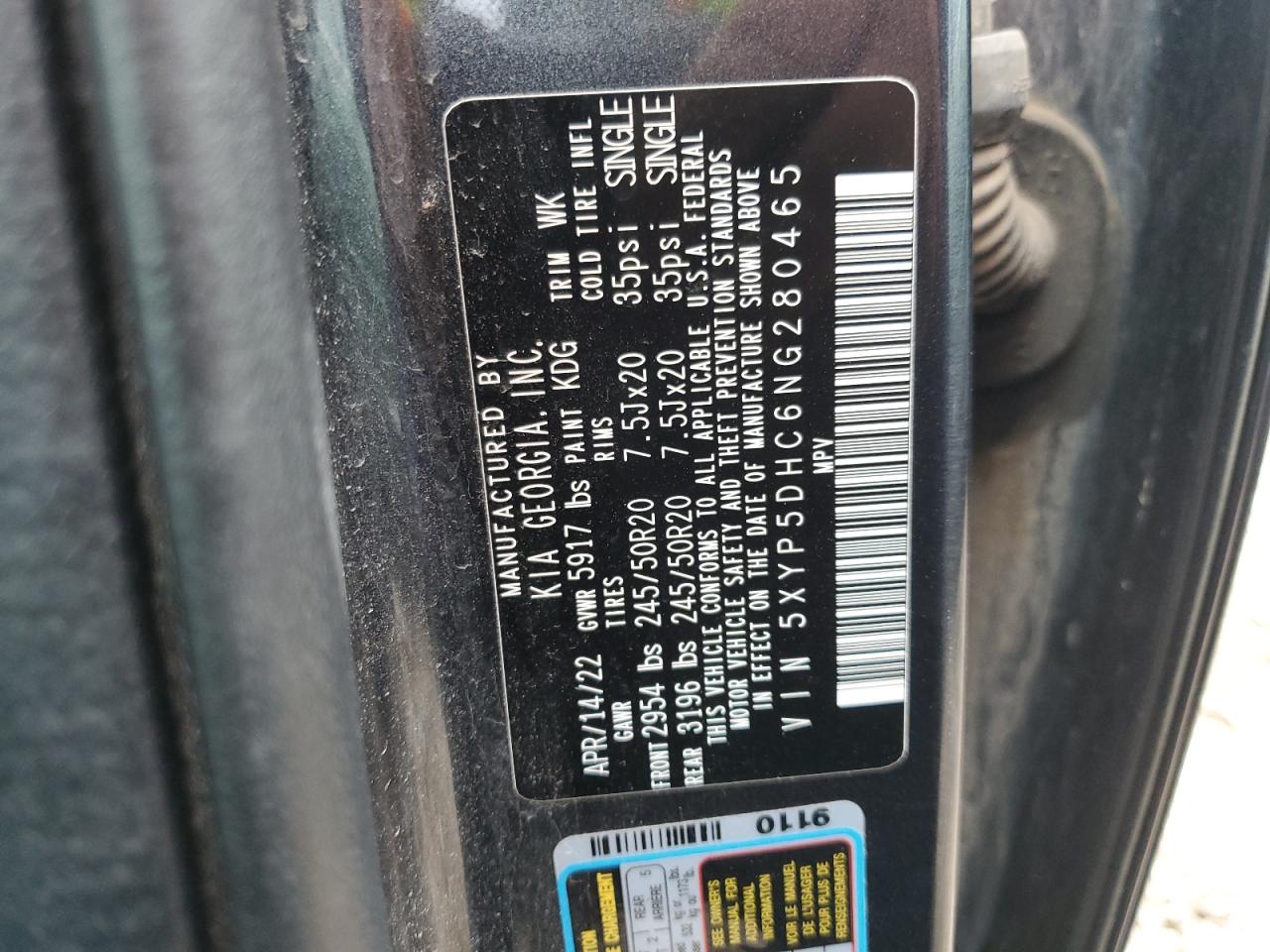 2022 KIA TELLURIDE SX VIN:5XYP5DHC6NG280465