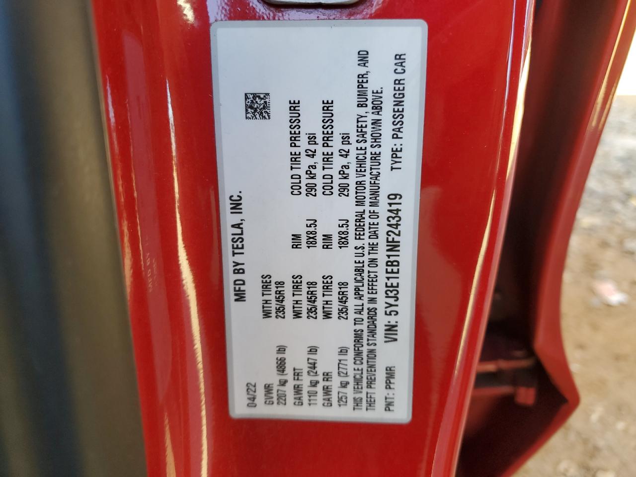 2022 TESLA MODEL 3 VIN:5YJ3E1EB1NF243419