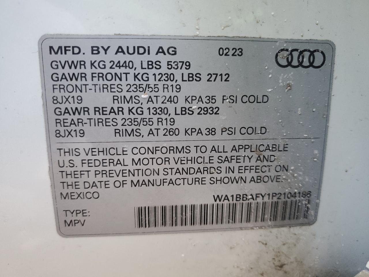 2023 AUDI Q5 PREMIUM PLUS 40 VIN:WA1BBAFY1P2104186