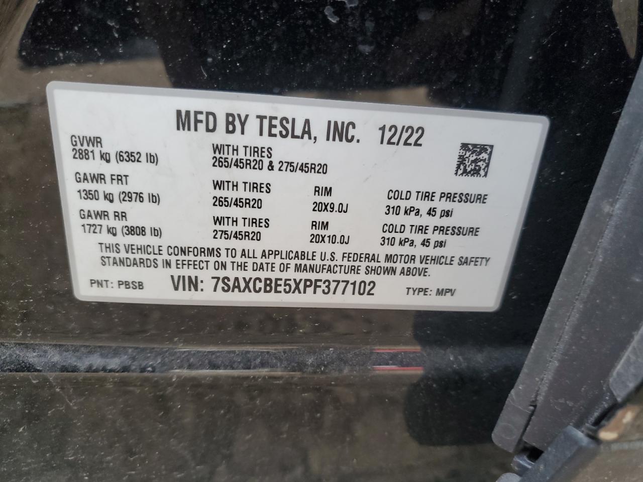 2023 TESLA MODEL X VIN:7SAXCBE5XPF377102