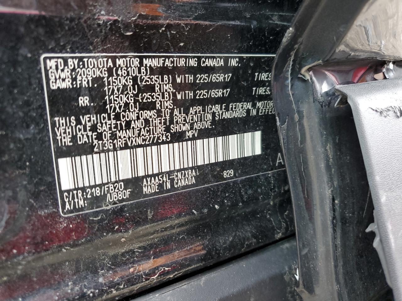 2022 TOYOTA RAV4 LE VIN:2T3G1RFVXNC277343