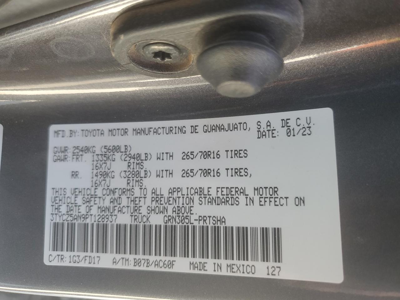 2023 TOYOTA TACOMA DOUBLE CAB VIN:3TYCZ5AN9PT128937