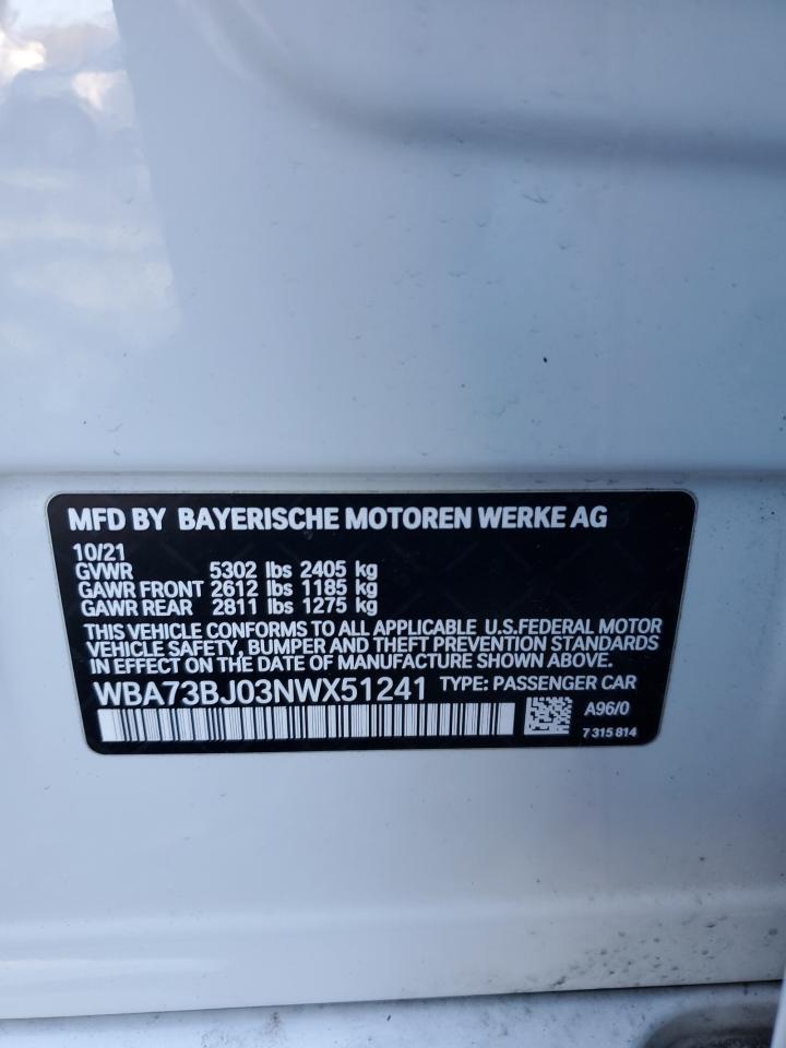 2022 BMW 540 XI VIN:WBA73BJ03NWX51241