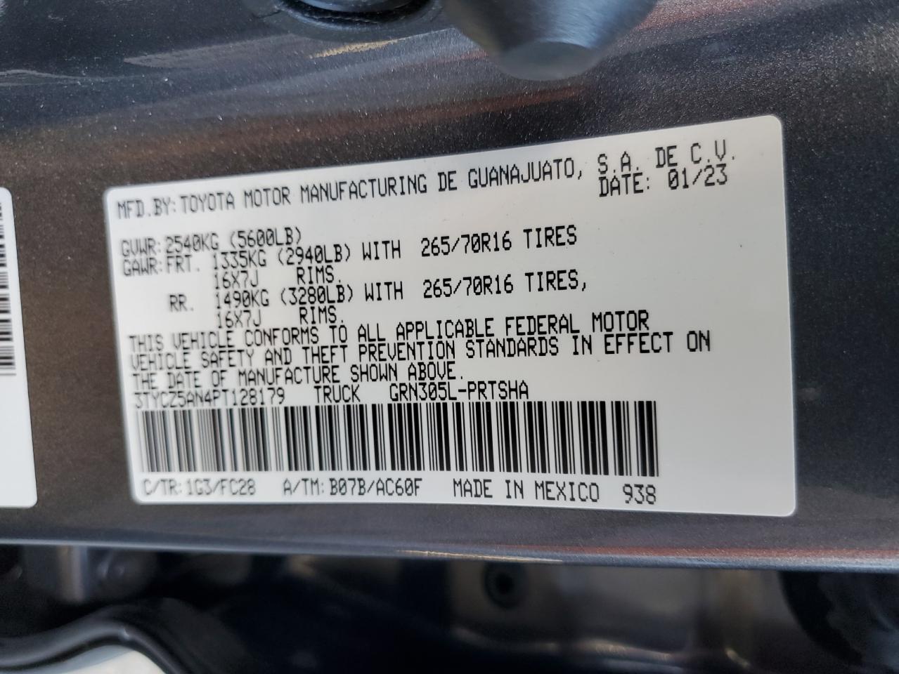 2023 TOYOTA TACOMA DOUBLE CAB VIN:3TYCZ5AN4PT128179