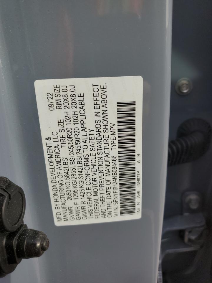 2022 HONDA PILOT SE VIN:5FNYF6H24NB084486