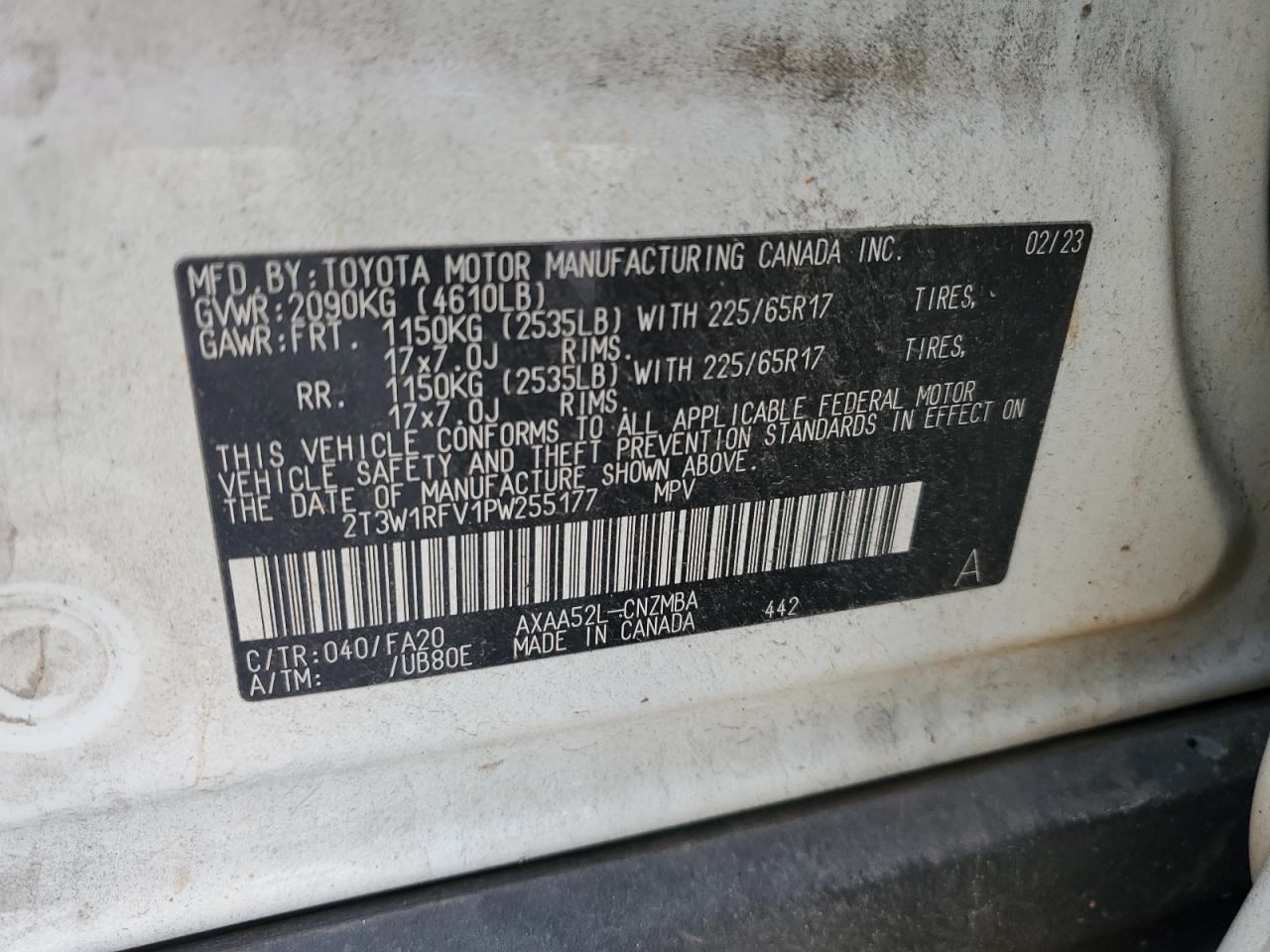 2023 TOYOTA RAV4 XLE VIN:2T3W1RFV1PW255177