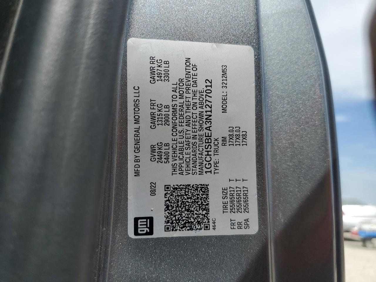 2022 CHEVROLET COLORADO VIN:1GCHSBEA3N1277012