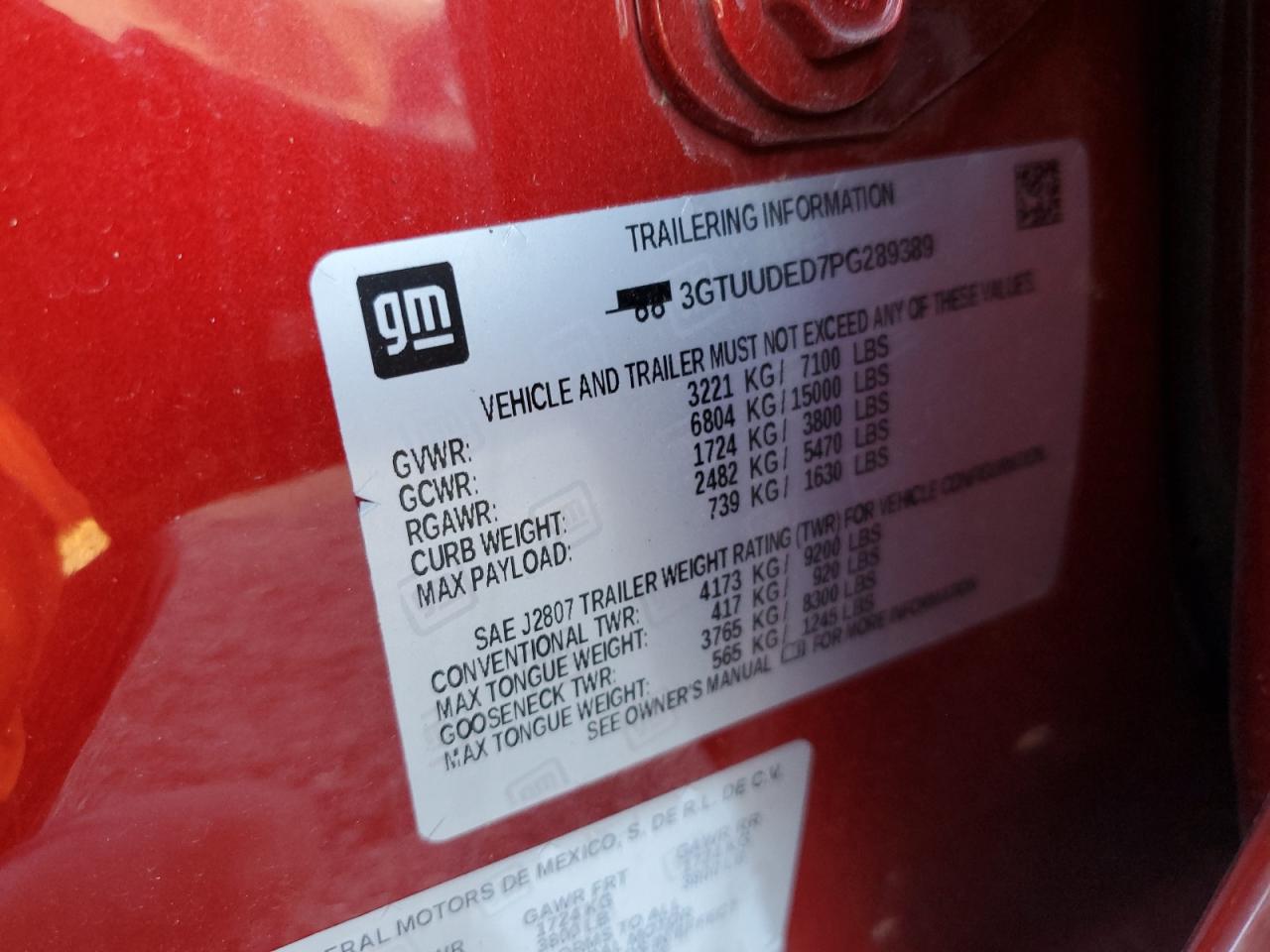 2023 GMC SIERRA K1500 SLT VIN:3GTUUDED7PG289389