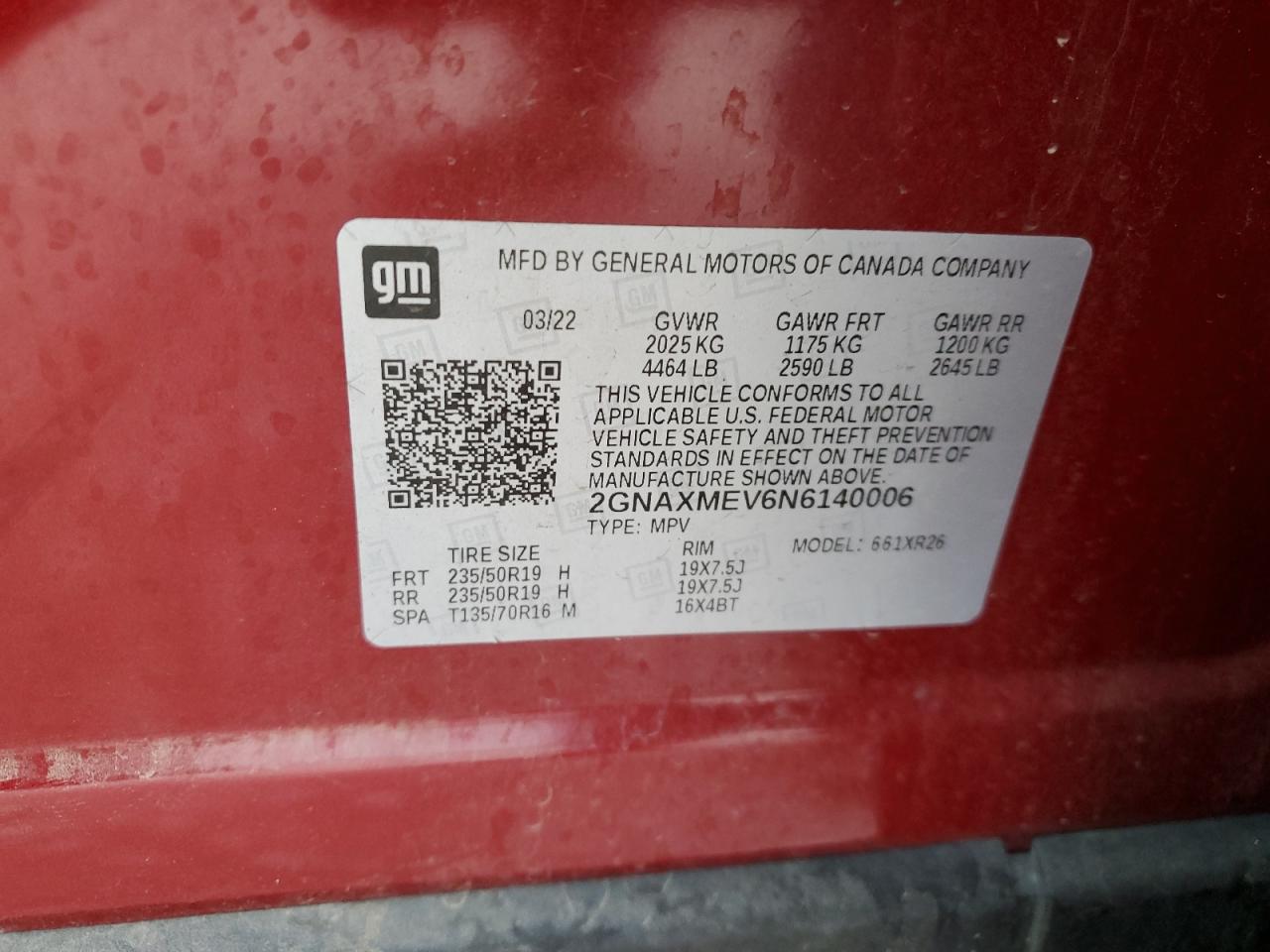 2022 CHEVROLET EQUINOX RS VIN:2GNAXMEV6N6140006