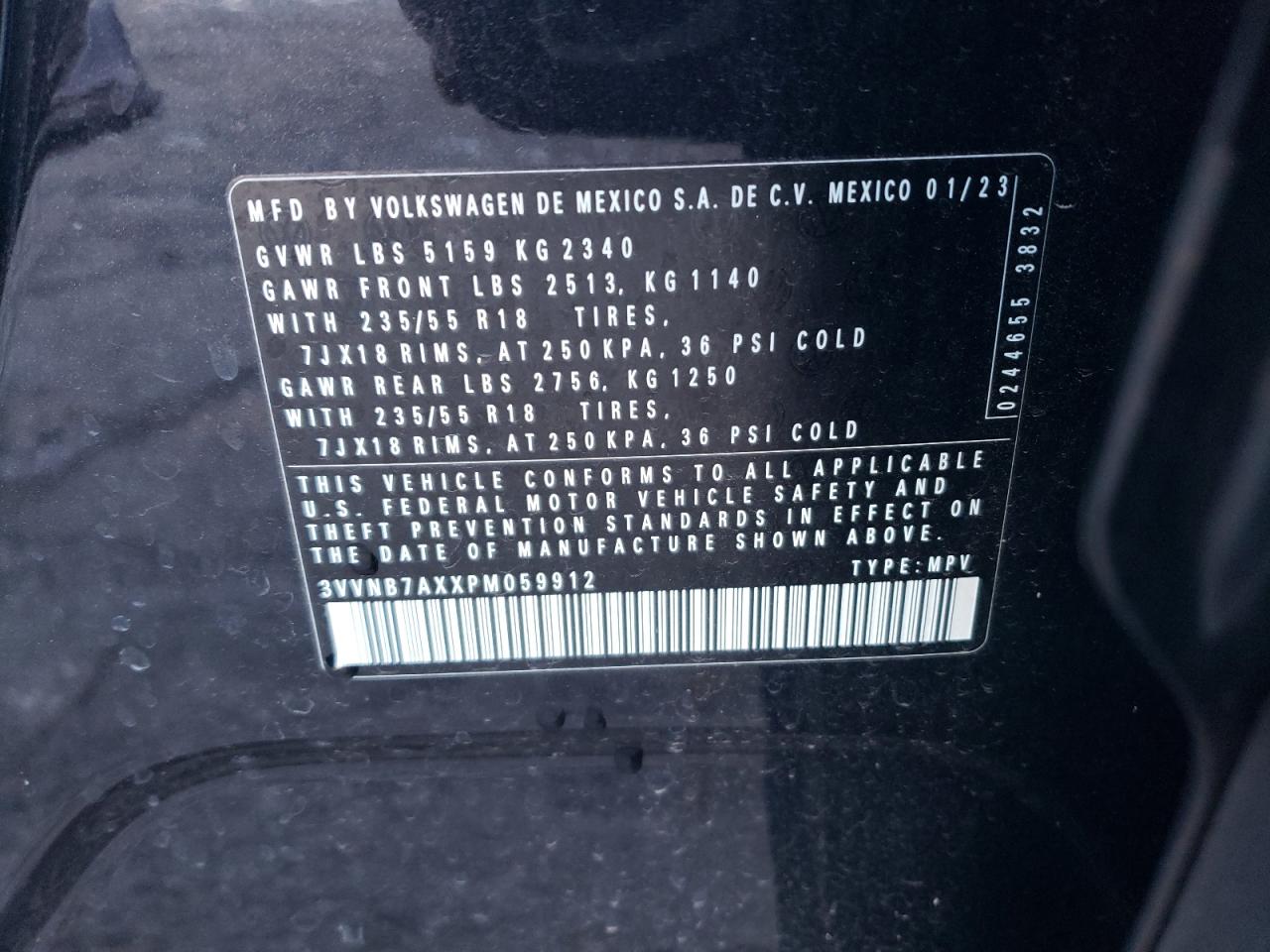 2023 VOLKSWAGEN TIGUAN SE VIN:3VVNB7AXXPM059912