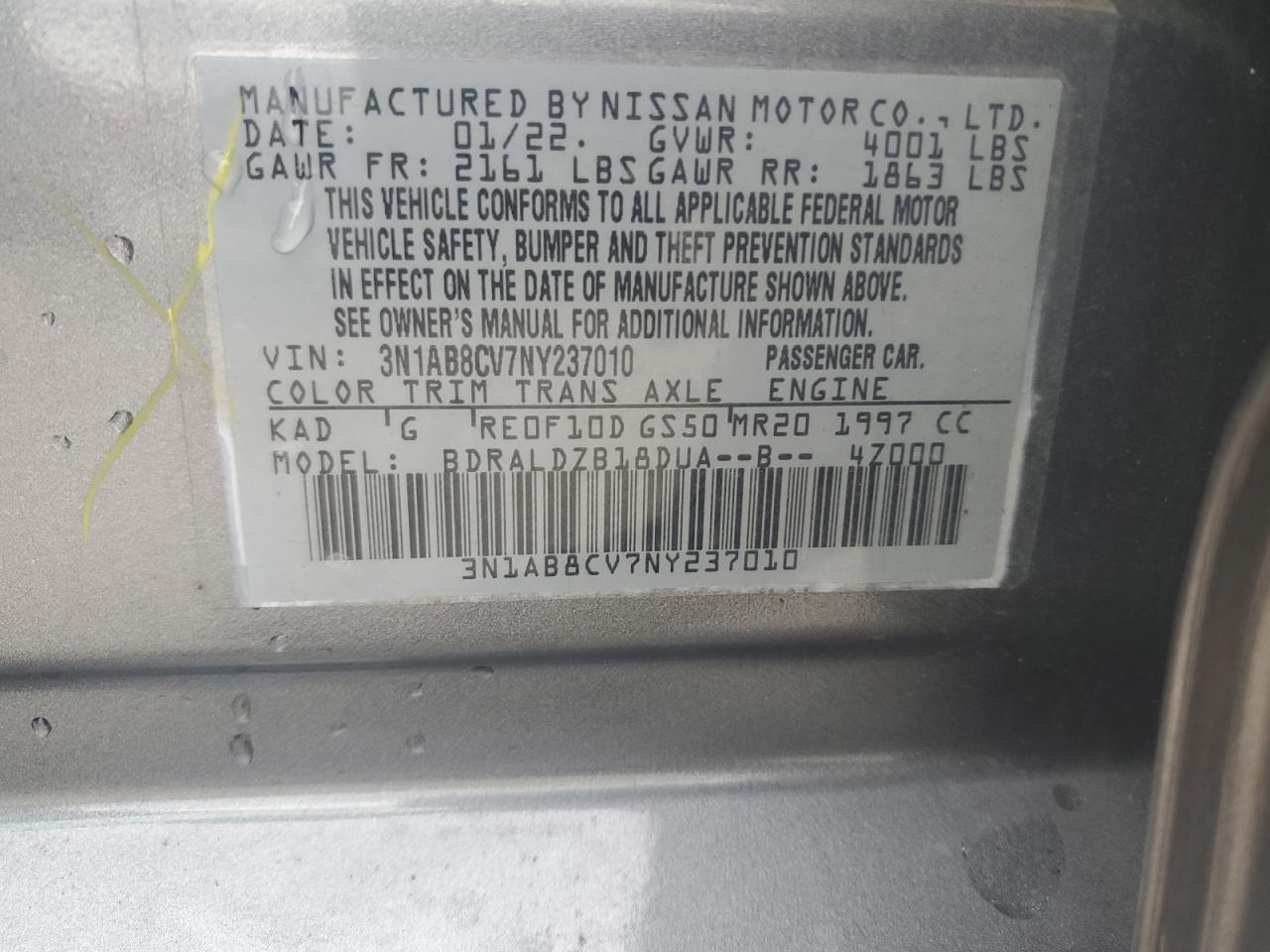 2022 NISSAN SENTRA SV VIN:3N1AB8CV7NY237010