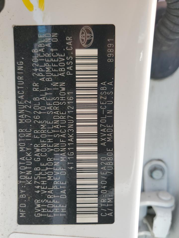 2022 TOYOTA CAMRY SE VIN:4T1G11AK3NU712161