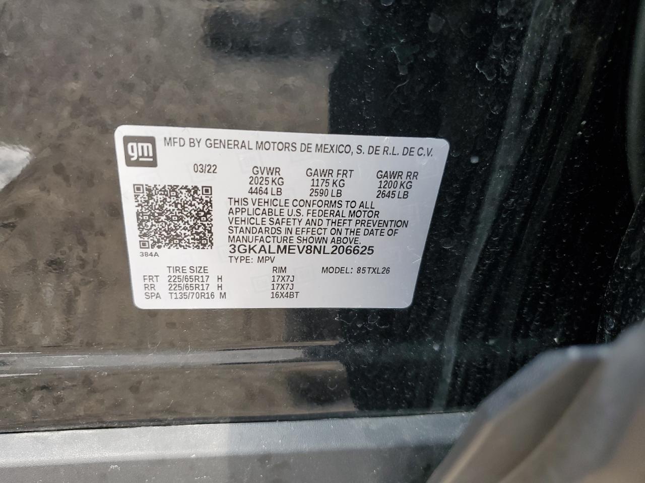 2022 GMC TERRAIN SLE VIN:3GKALMEV8NL206625