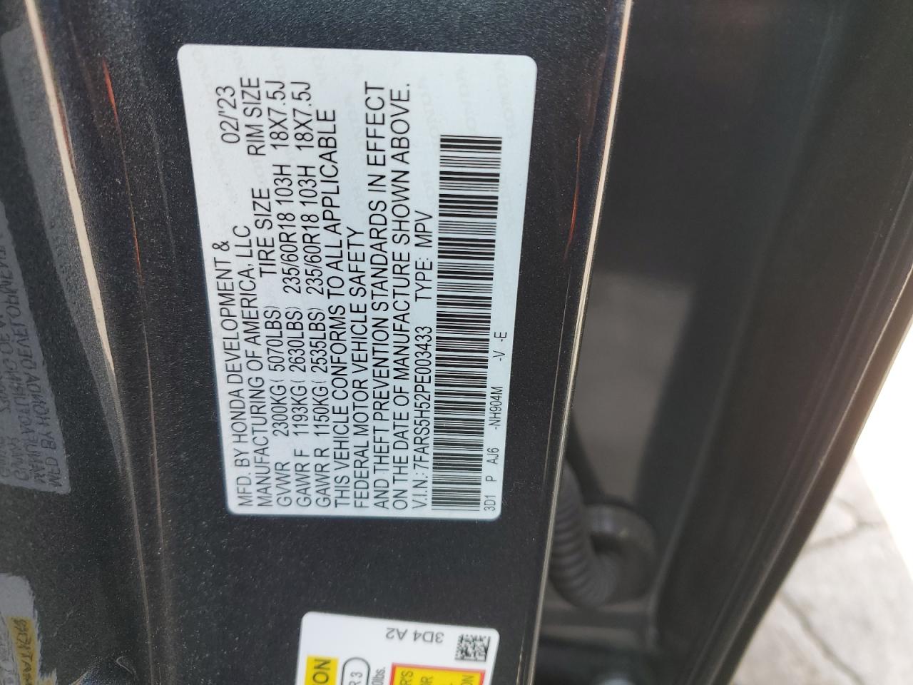 2023 HONDA CR-V SPORT VIN:7FARS5H52PE003433