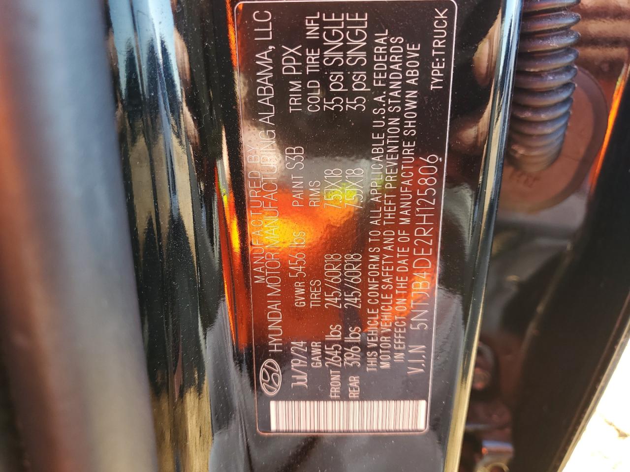 2024 HYUNDAI SANTA CRUZ SEL VIN:5NTJB4DE2RH125806