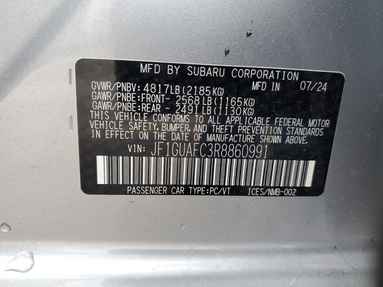 2024 SUBARU IMPREZA SPORT VIN:JF1GUAFC3R8860991