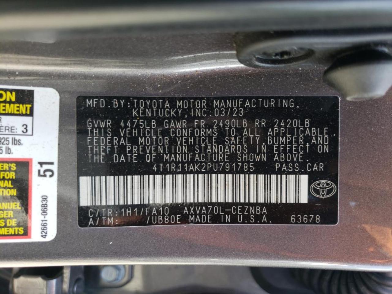 2023 TOYOTA CAMRY LE VIN:4T1R11AK2PU791785