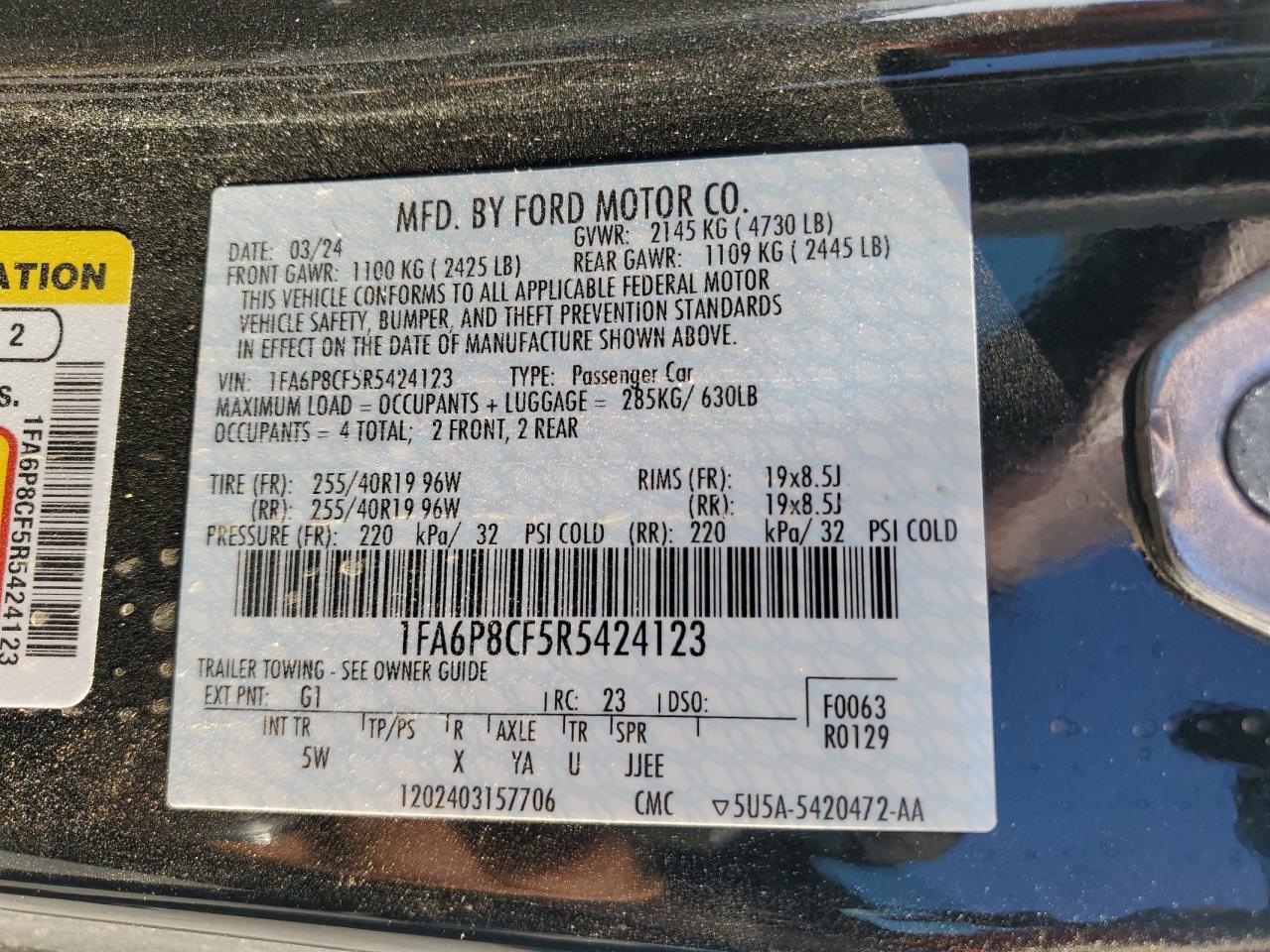 2024 FORD MUSTANG GT VIN:1FA6P8CF5R5424123