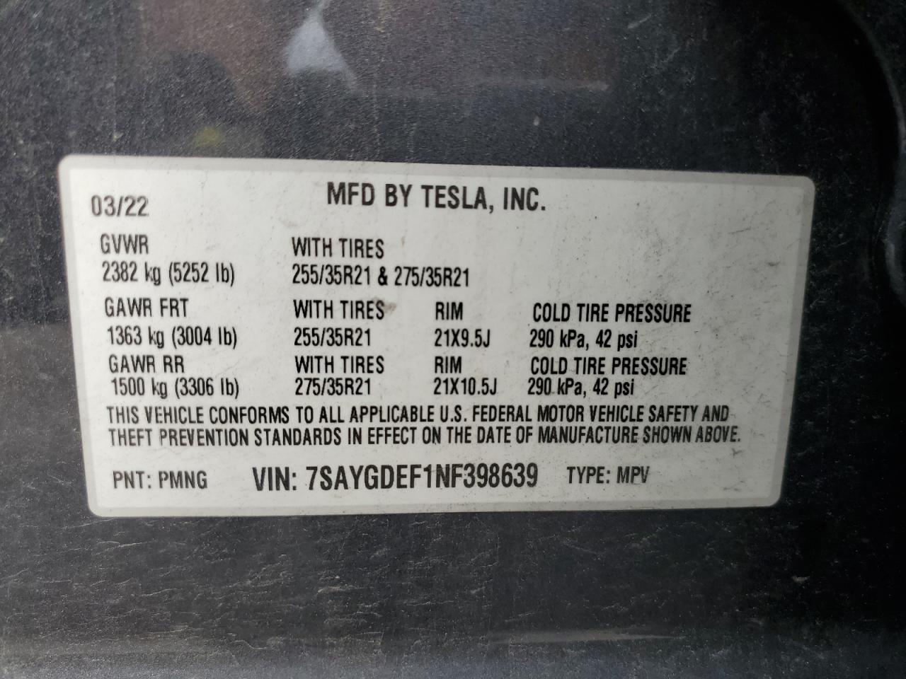 2022 TESLA MODEL Y VIN:7SAYGDEF1NF398639
