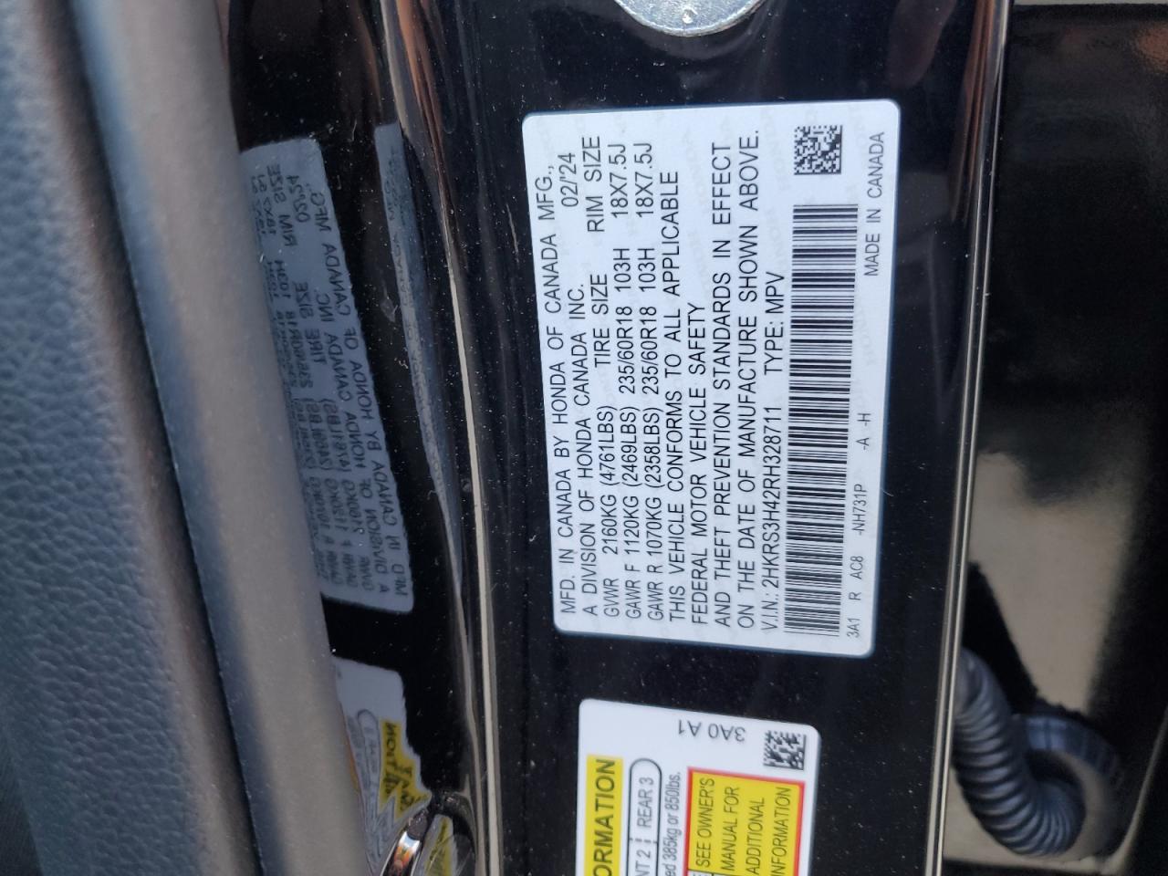 2024 HONDA CR-V EX VIN:2HKRS3H42RH328711