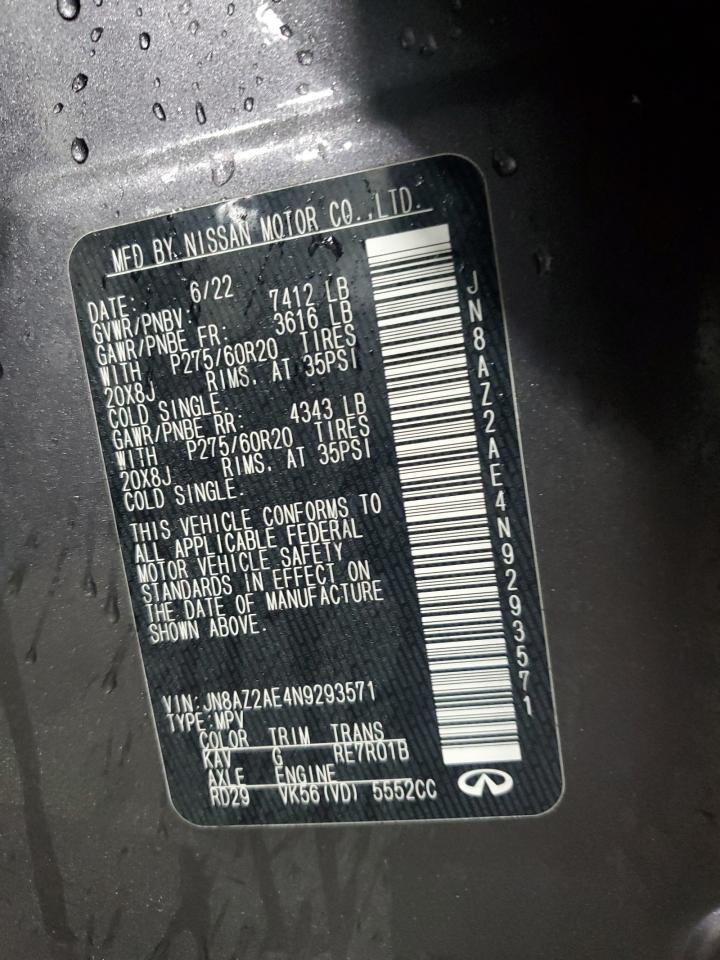 2022 INFINITI QX80 LUXE VIN:JN8AZ2AE4N9293571