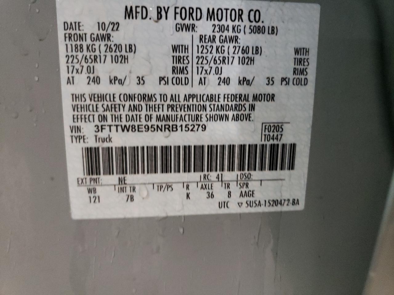 2022 FORD MAVERICK XL VIN:3FTTW8E95NRB15279