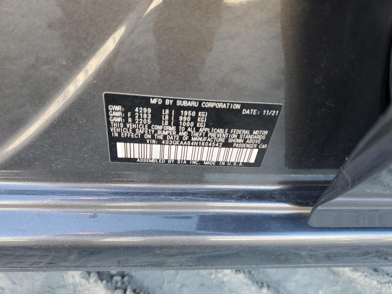 2022 SUBARU IMPREZA VIN:4S3GKAA64N1604542